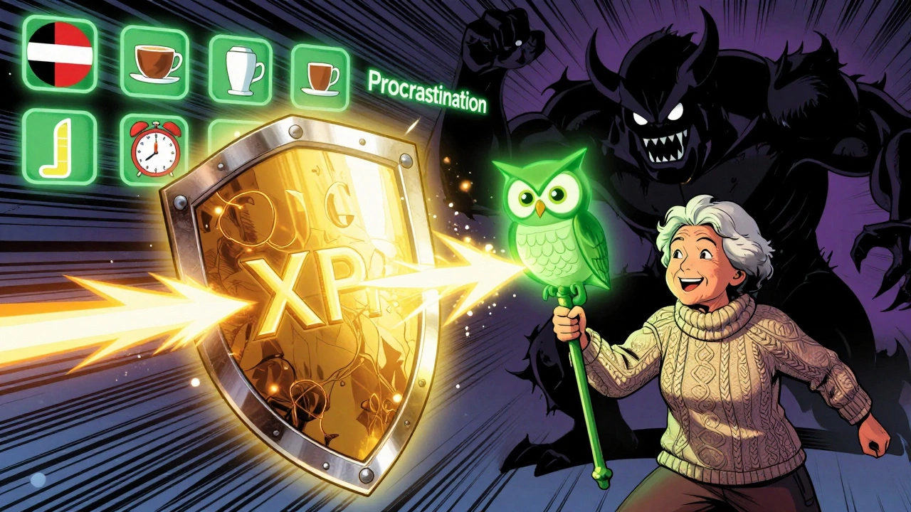 A person defending a 100-day streak against procrastination in a comic book-style battle with glowing owl and XP projectiles.