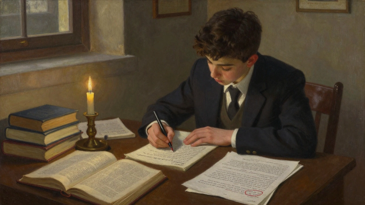 A student writing a detailed literary essay under candlelight, surrounded by Shakespearean texts and annotated papers.