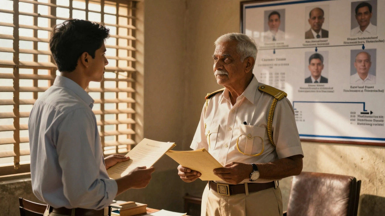 An IAS officer and young clerk side by side in a village office, showing career progression from entry-level to senior role.