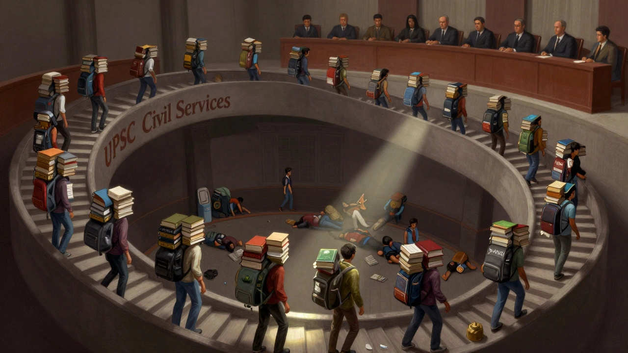 Aspirants climb an endless staircase labeled UPSC, burdened by books under watchful judges.