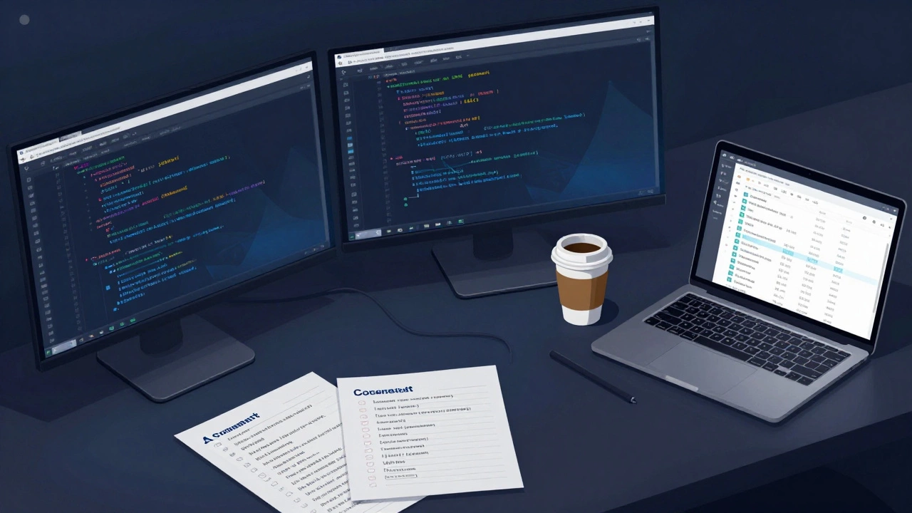 Developer working on an eLearning platform with code and analytics dashboards visible on dual monitors in a Bangalore workspace.