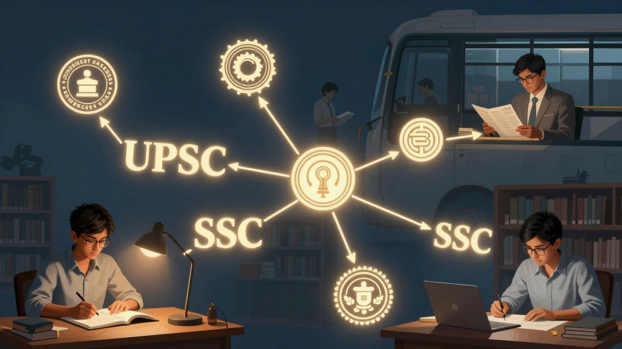 Diverse aspirants connected by glowing pathways symbolizing different government exam routes across India.
