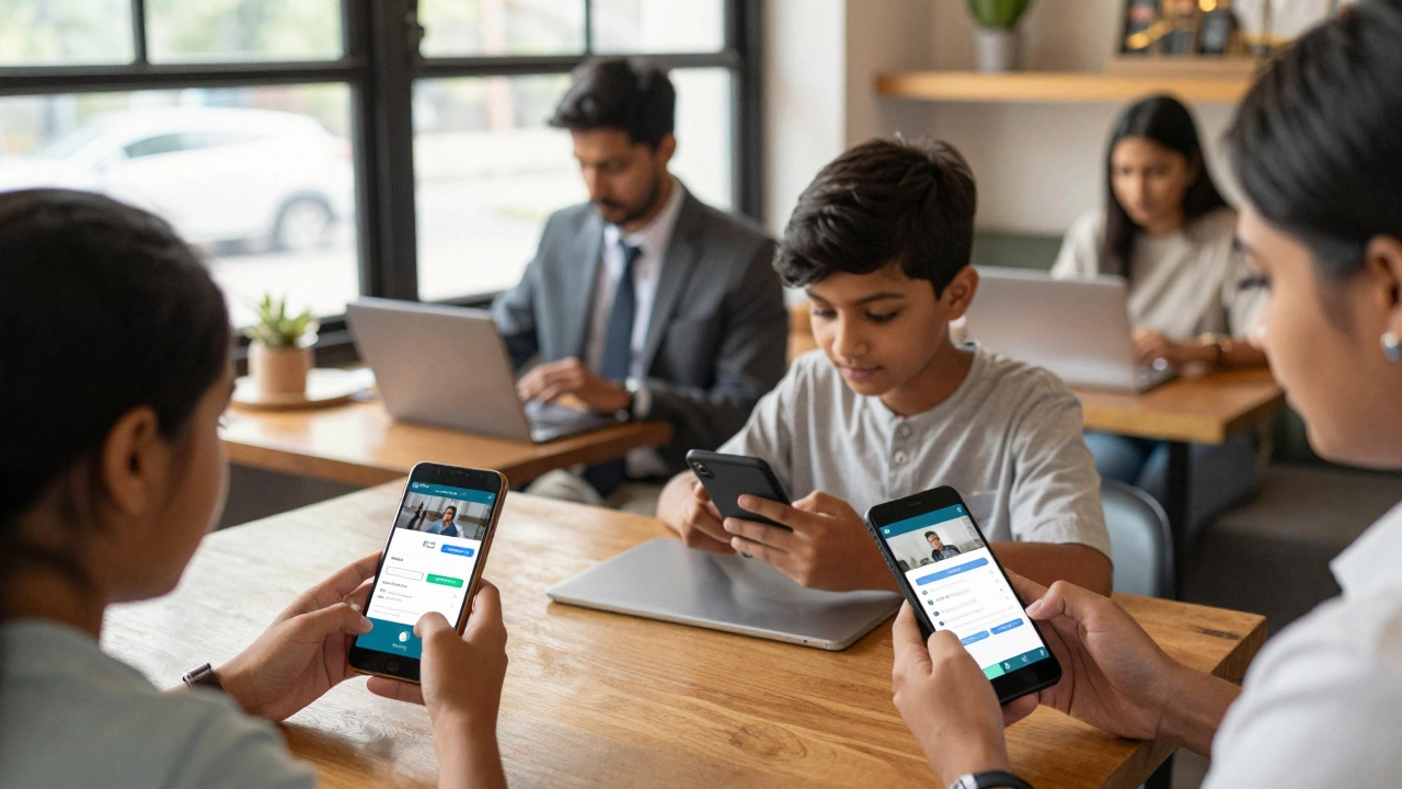 Learners in India using mobile devices to access online courses in everyday settings like buses and cafes.