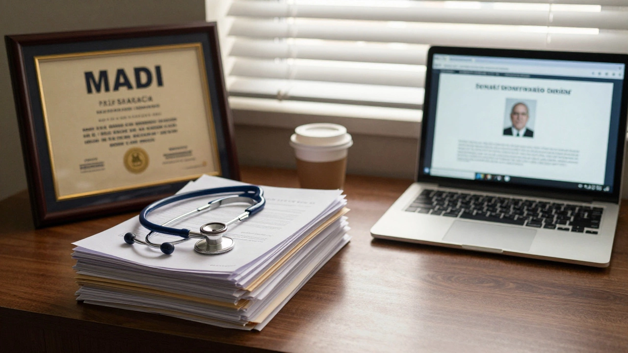 Medical director&#039;s desk at dawn with stethoscope, diploma, and Senate hearing transcript.