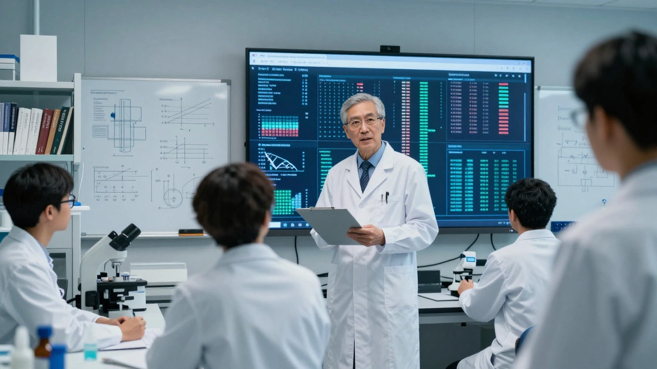 NIH director reviewing genomic data on a large screen surrounded by researchers in a lab.