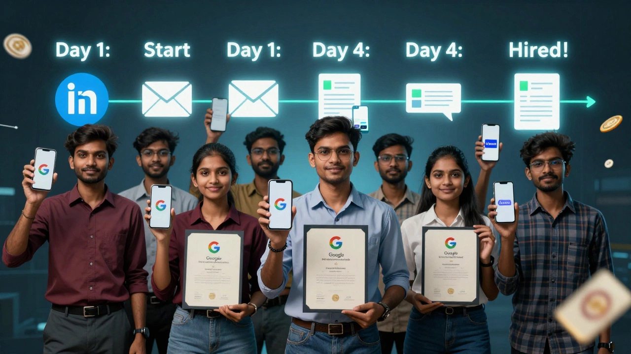 People holding digital certificates from Google, Microsoft, and Canva with a 'Hired in 4 days' timeline.