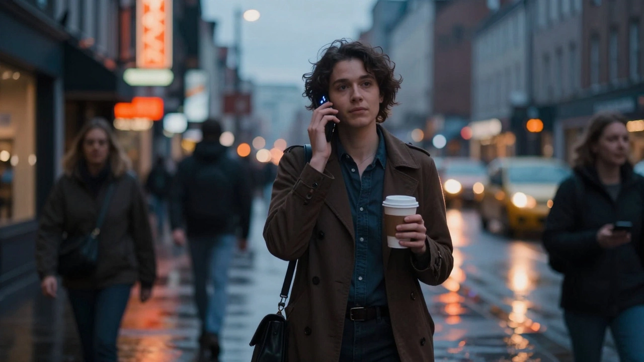 Person walking through city streets talking to themselves in English.