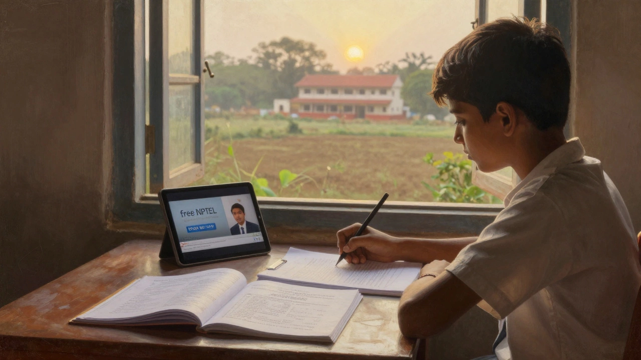 Rural Maharashtra student learning at dawn with state-provided study materials and a smartphone displaying a free lecture.