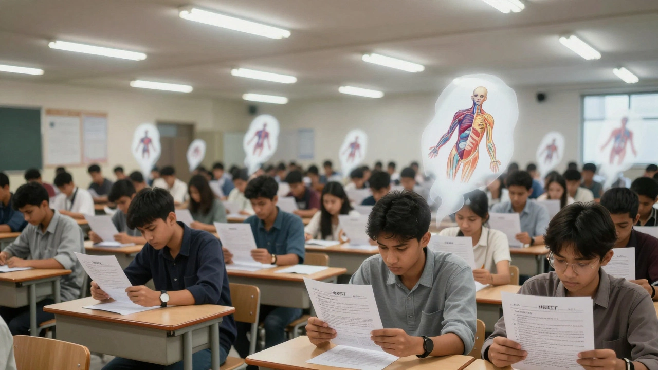 Thousands of students take the NEET exam in a silent hall with floating anatomy diagrams.