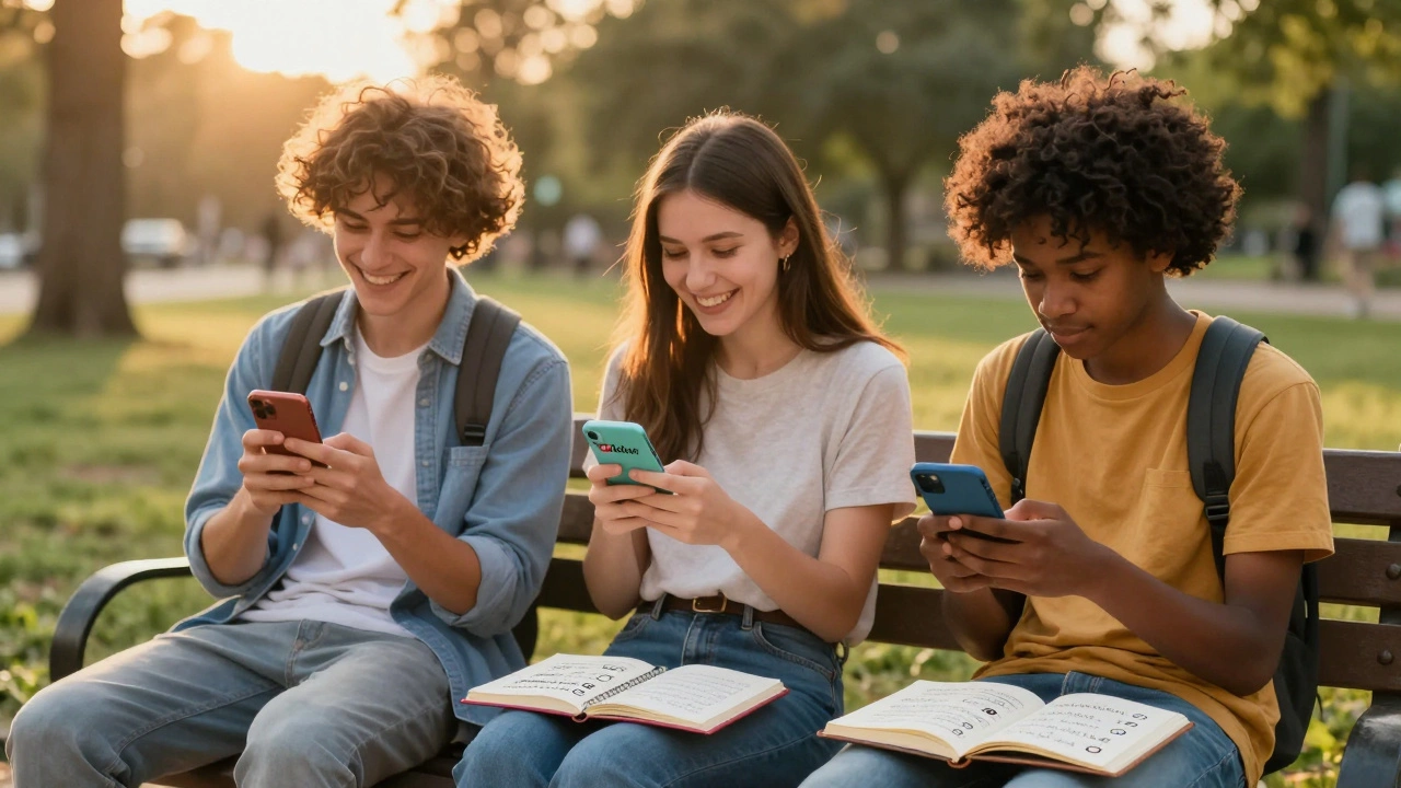 Three learners in a park using phones to practice English, smiling and sharing a notebook with spoken phrases.