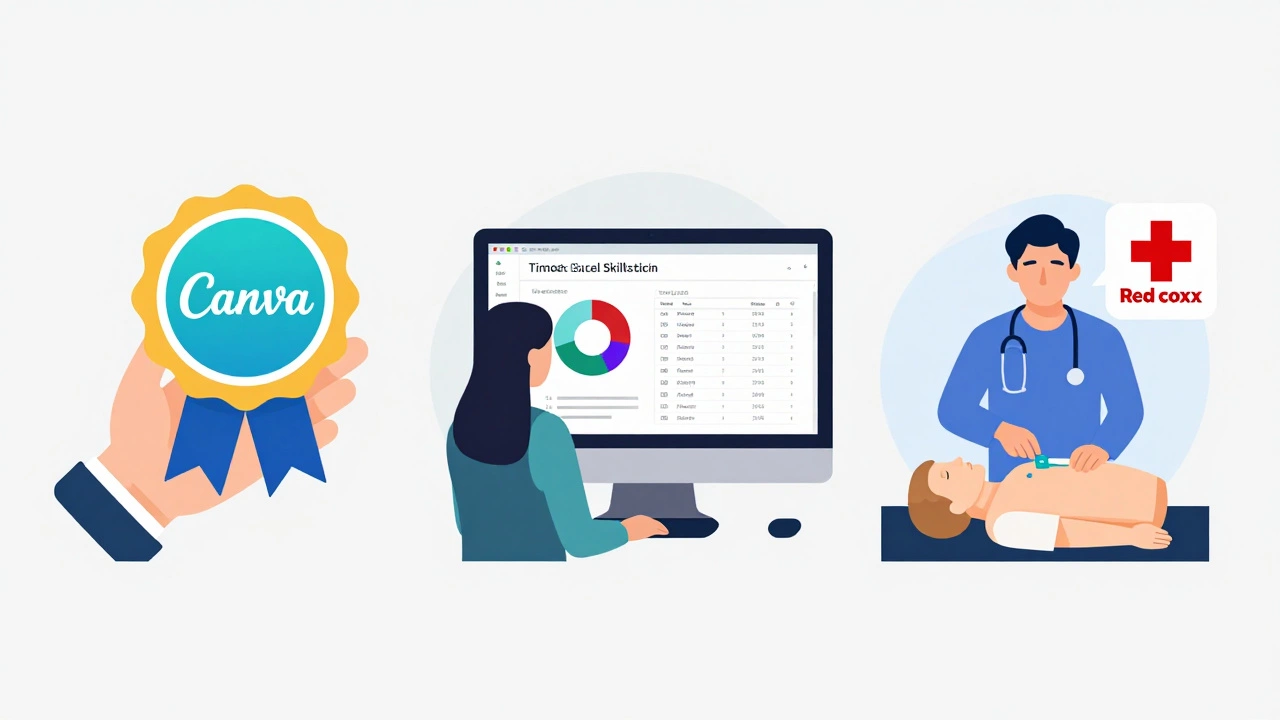 Three quick certifications shown: Canva design, Excel test, and CPR simulation.