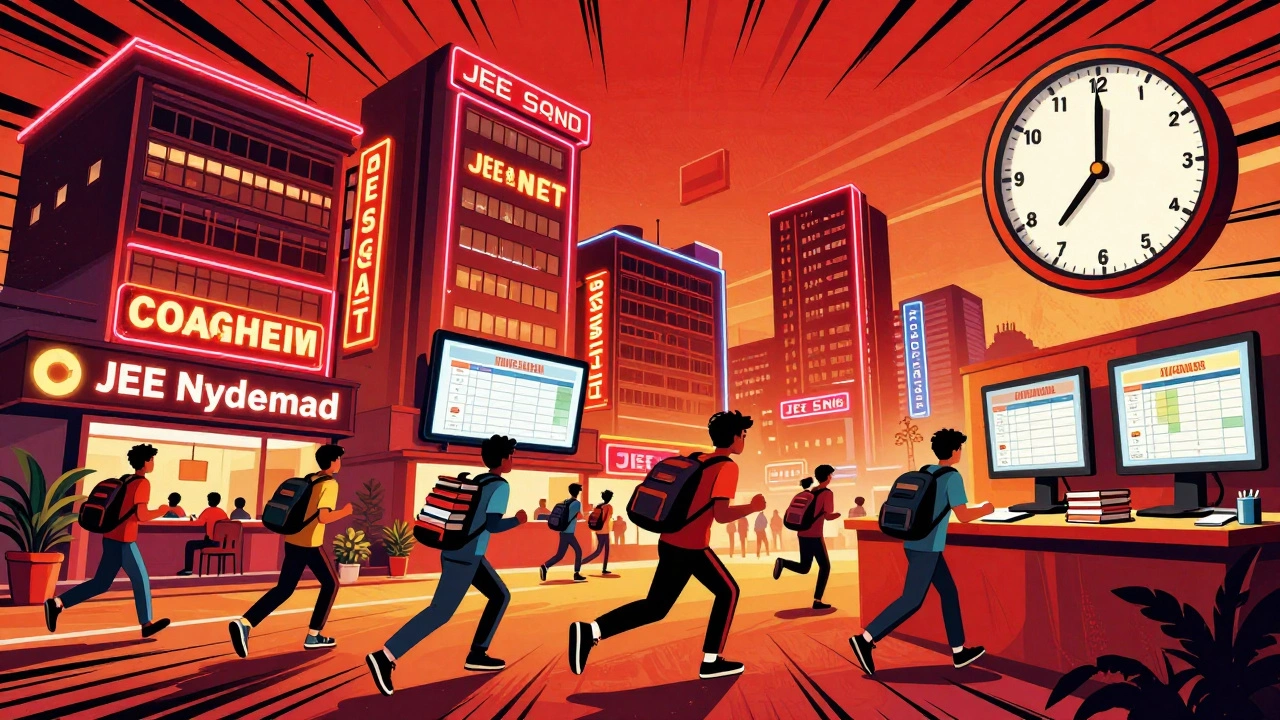 Vibrant coaching hub in Hyderabad filled with students, neon signs, and digital progress trackers.