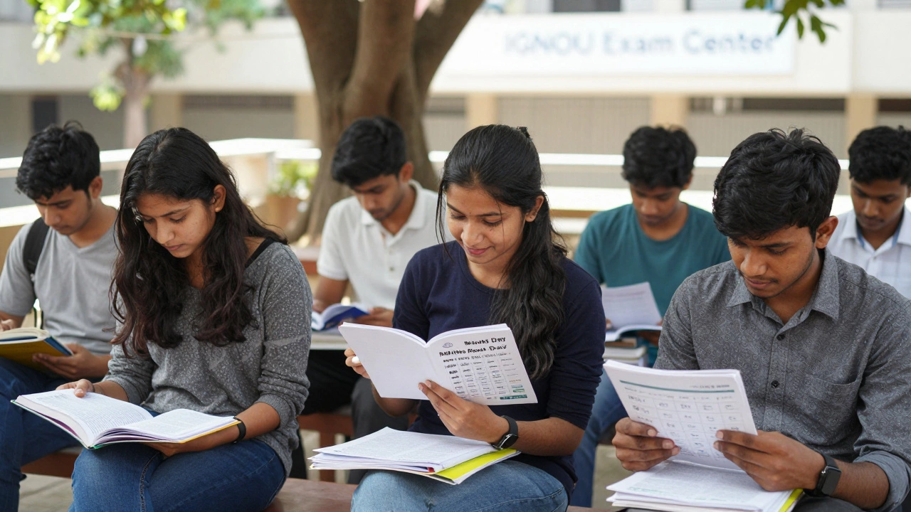 Young learners studying quietly under a tree near an IGNOU exam center, each focused on their degree.