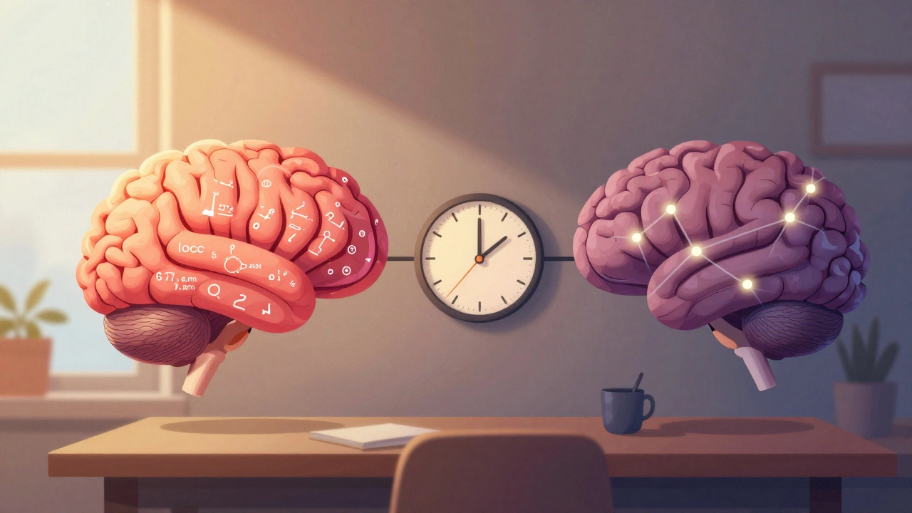 A brain illustration showing peak focus in morning and evening with connecting idea threads.