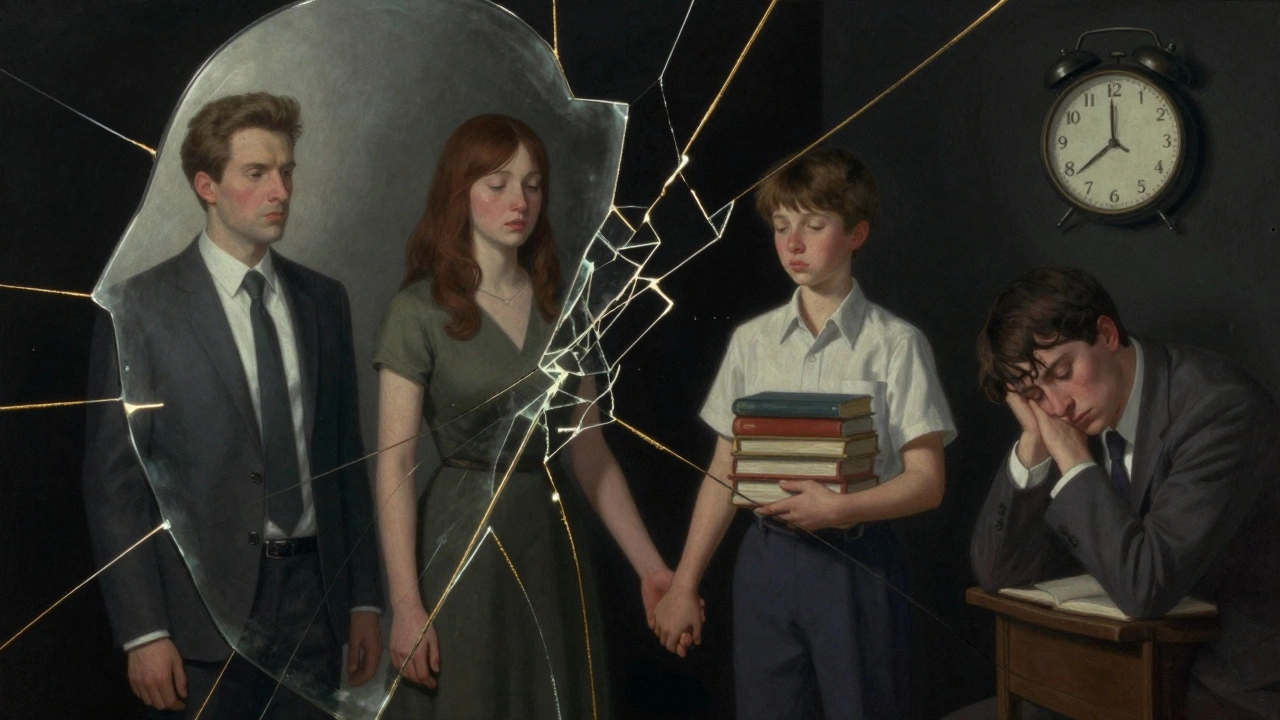 A fractured mirror showing four overlapping identities of an MBA student.