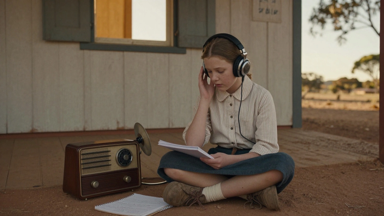 A girl in rural Australia listening to a radio lesson for School of the Air in 1951.