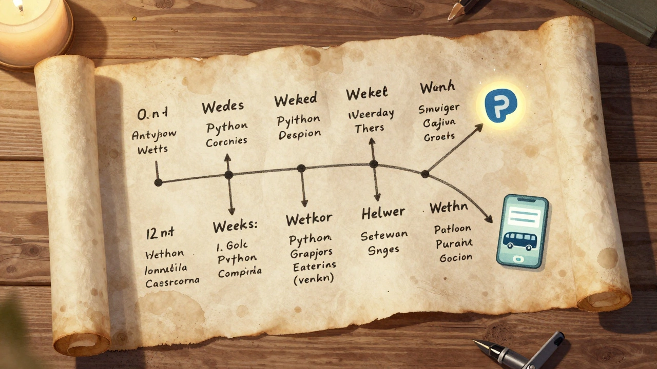 A handwritten roadmap of coding progress ending in a bus-tracking app icon on parchment paper.