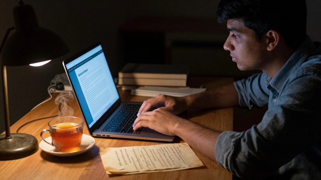 A modern student in India studying online with a historic letter beside their cup of tea.
