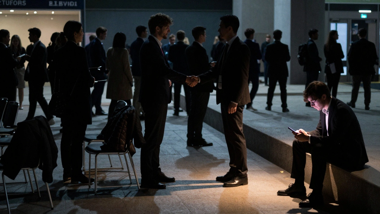 A networking event with one person sitting alone, surrounded by busy silhouettes.