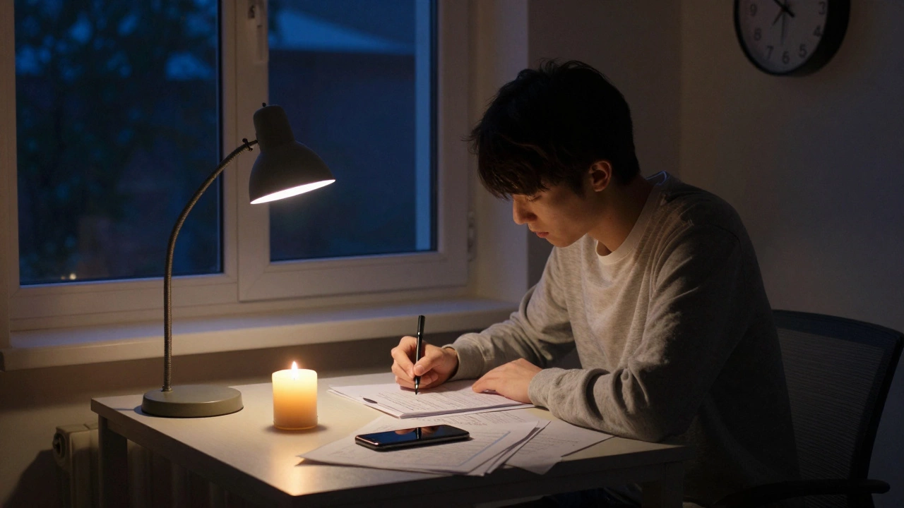 A person studying peacefully at night with a candle and papers, phone silenced.