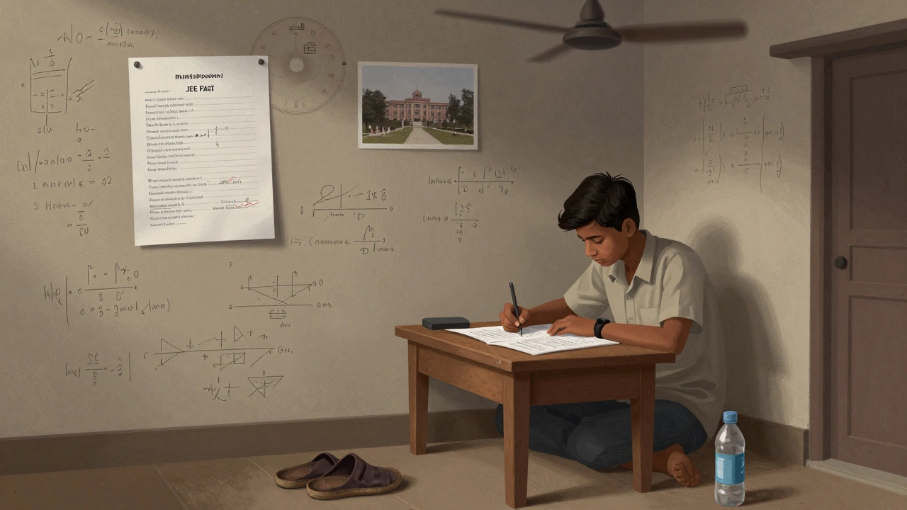 A rural Indian student solves JEE papers by hand, surrounded by handwritten formulas and error logs on the wall.