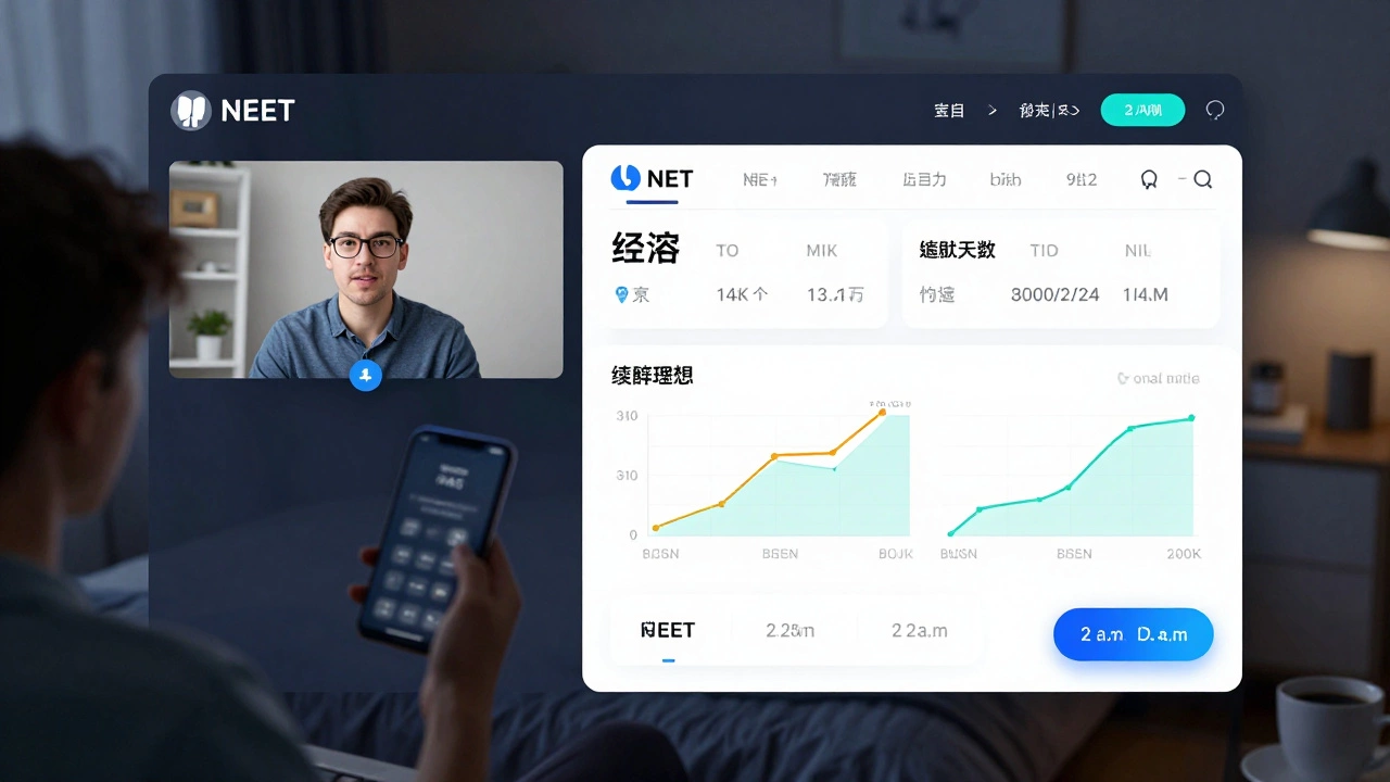 A student using an AI-powered online NEET platform with live tutor support and personalized progress analytics on screen.
