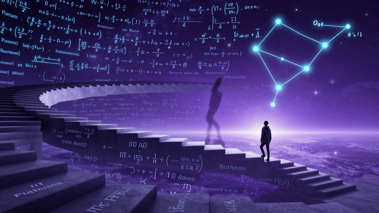 An abstract staircase of mathematical equations rising into a glowing horizon, symbolizing the path to mastery.