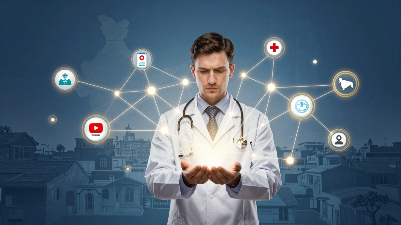Doctor at the center of a network linking telemedicine, clinics, and digital health platforms across India.