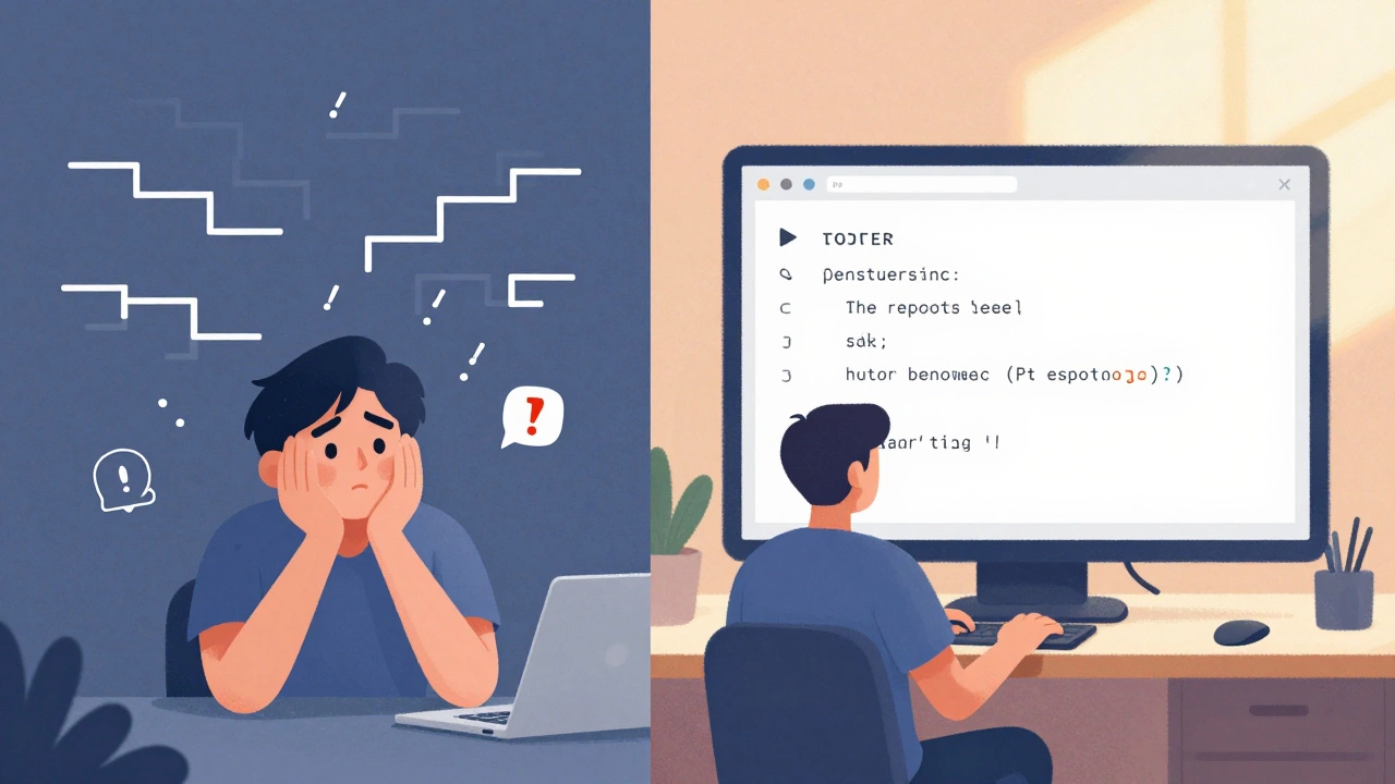 Split image showing chaotic coding confusion on one side and calm, clean code on the other.