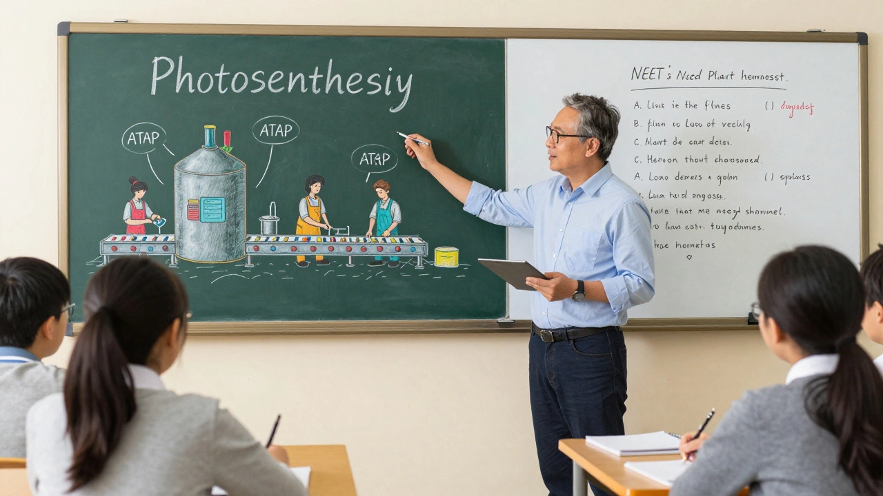 Teacher illustrating photosynthesis as a factory with conveyor belts on a chalkboard.