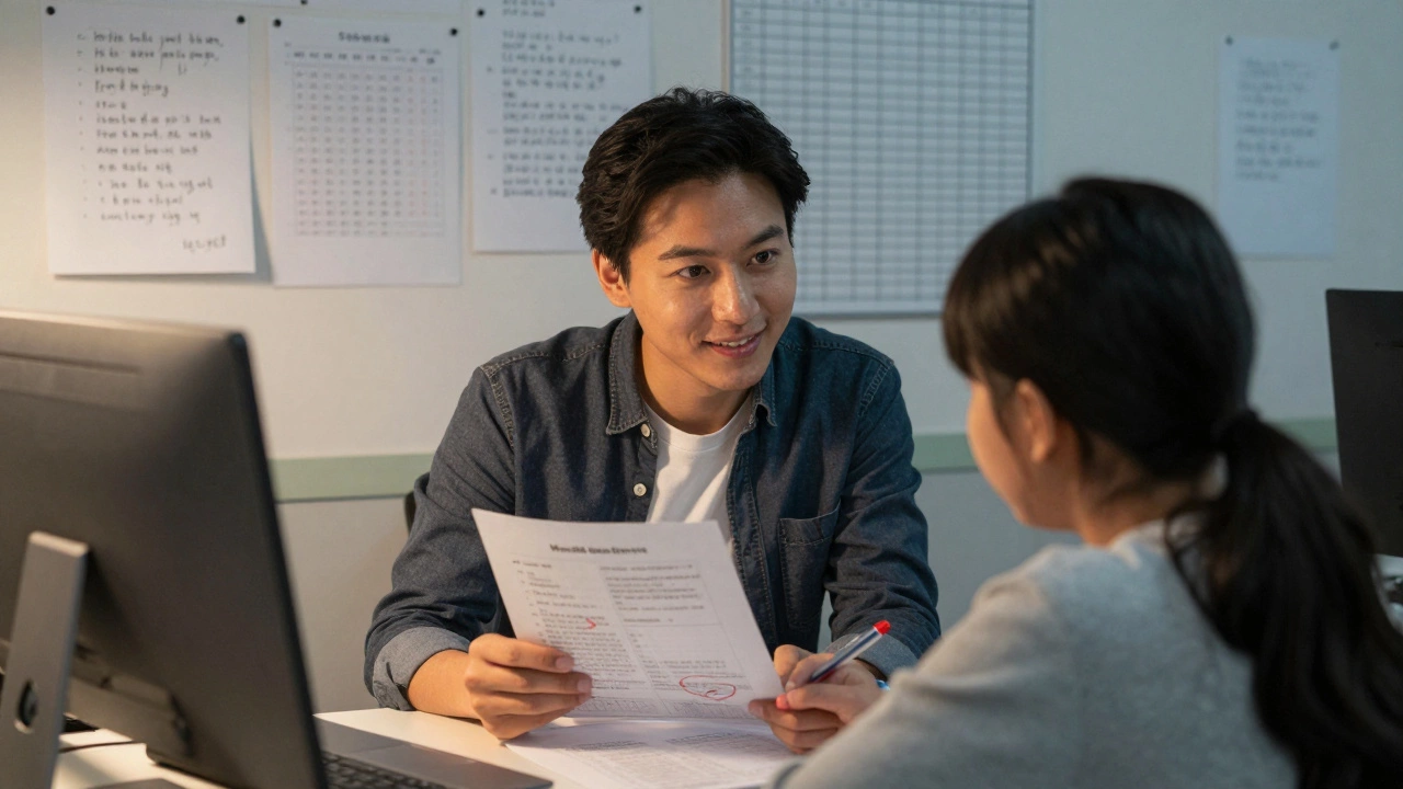 Teacher reviewing mock test with student, surrounded by handwritten progress charts.