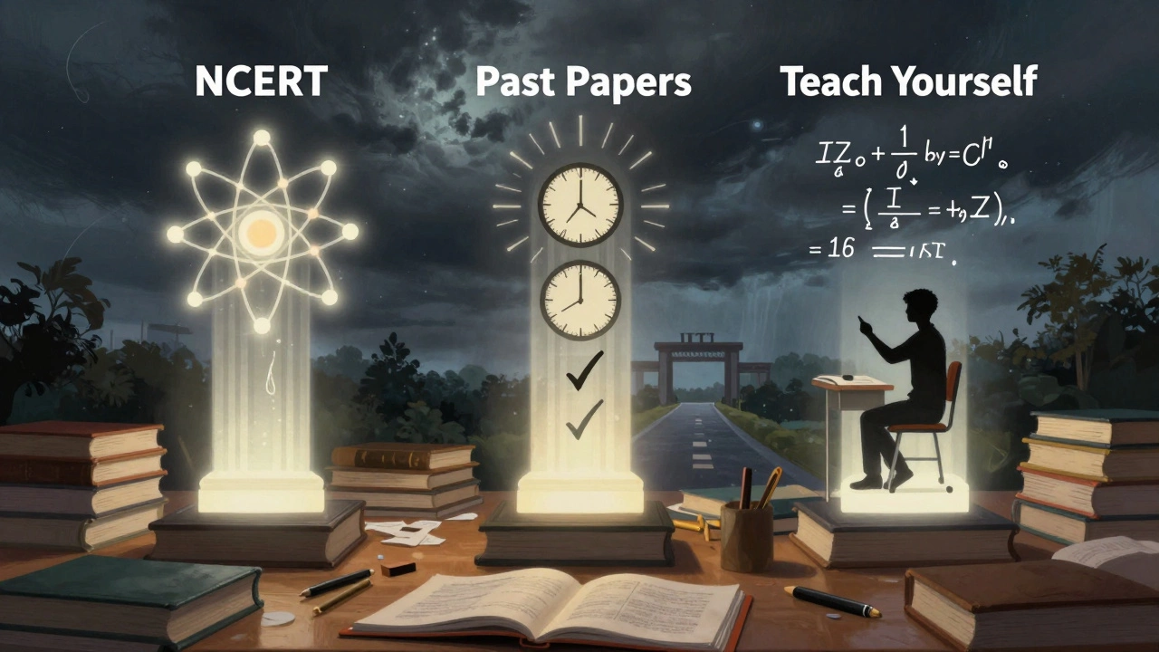 Three glowing pillars — NCERT, Past Papers, and Teach Yourself — rise from a desk, symbolizing self-study success.