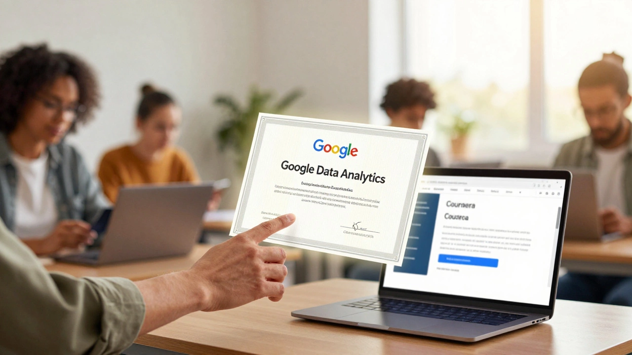 A glowing professional certificate emerging from a Coursera screen, with diverse learners in the background.