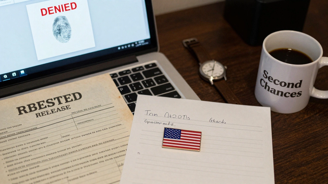 A military background check desk with denied records, personal items, and a discarded flag pin.