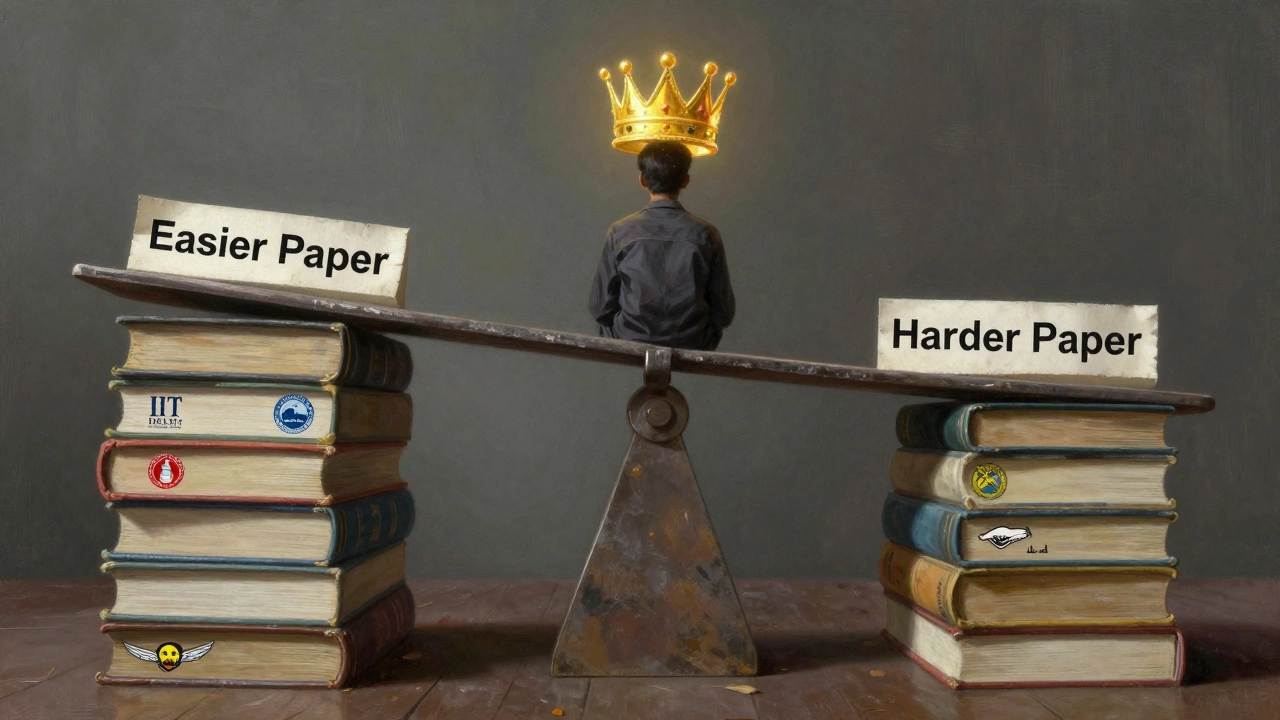 A scale balancing easy and hard JEE papers, with a student’s rank glowing above as the true measure.