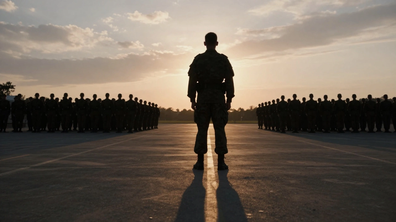 A solitary figure in uniform stands on a parade ground at dawn, watching others march in the distance.
