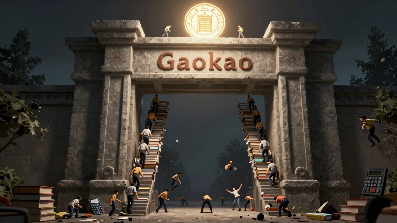 A symbolic staircase of books leads to a glowing university gate, with climbers ascending or falling.