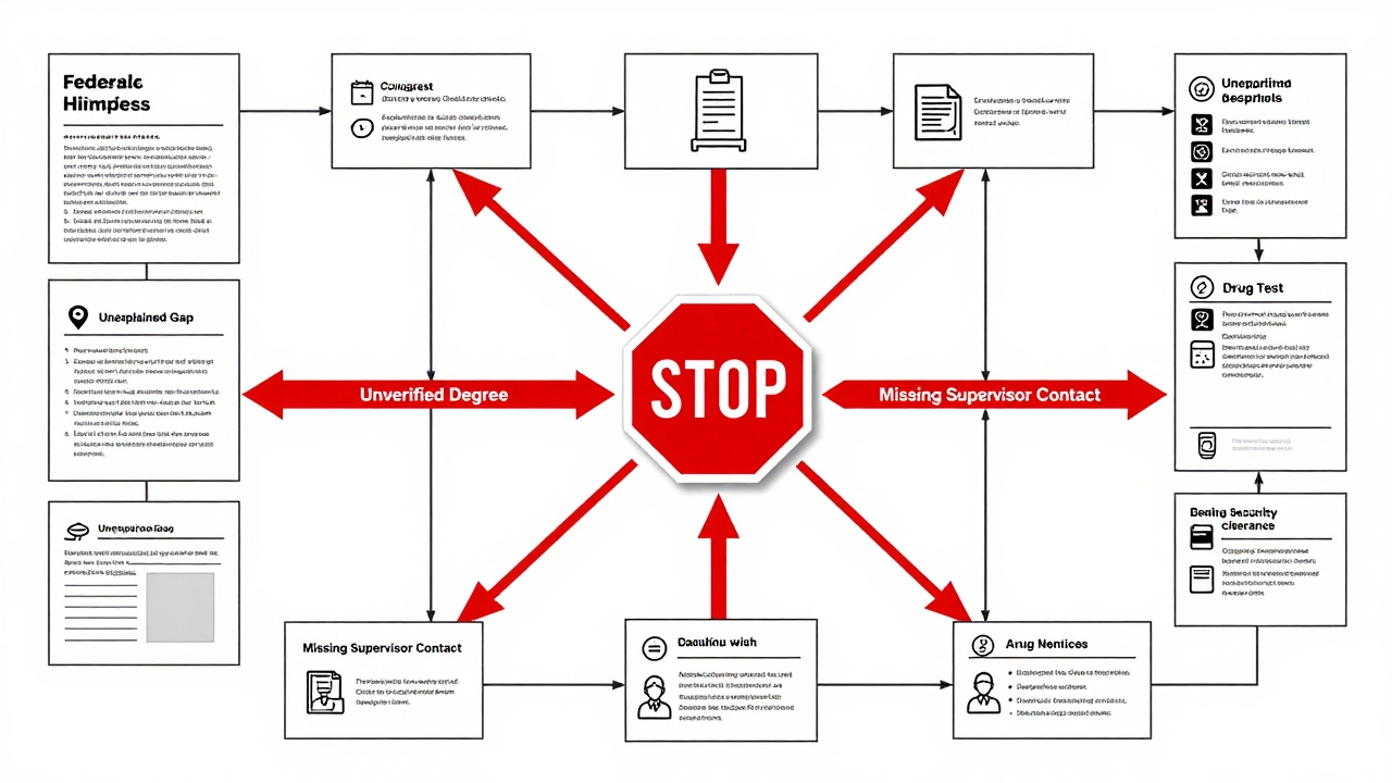 An overhead flowchart showing blocked steps in federal hiring process with red stop signs at key failure points.