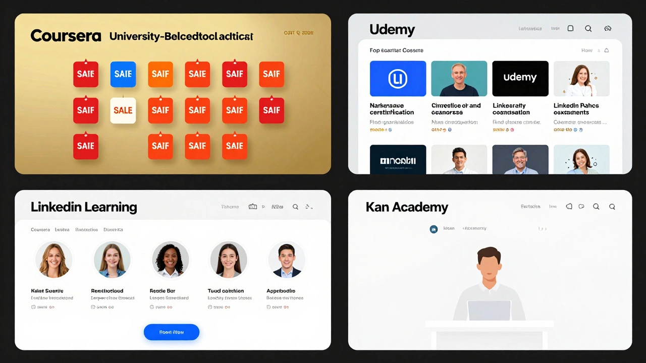 Four eLearning platforms visually compared: Coursera, Udemy, LinkedIn Learning, and Khan Academy.