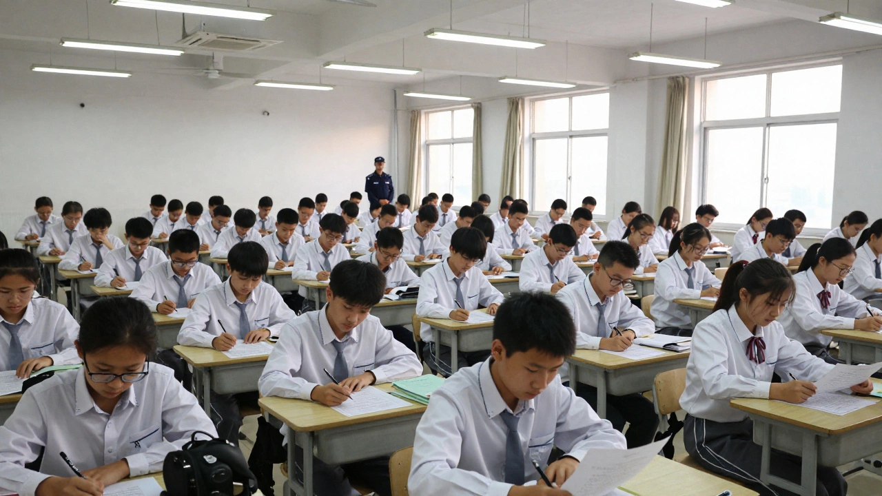 Hundreds of students take an intense exam in a vast, silent hall under fluorescent lights.