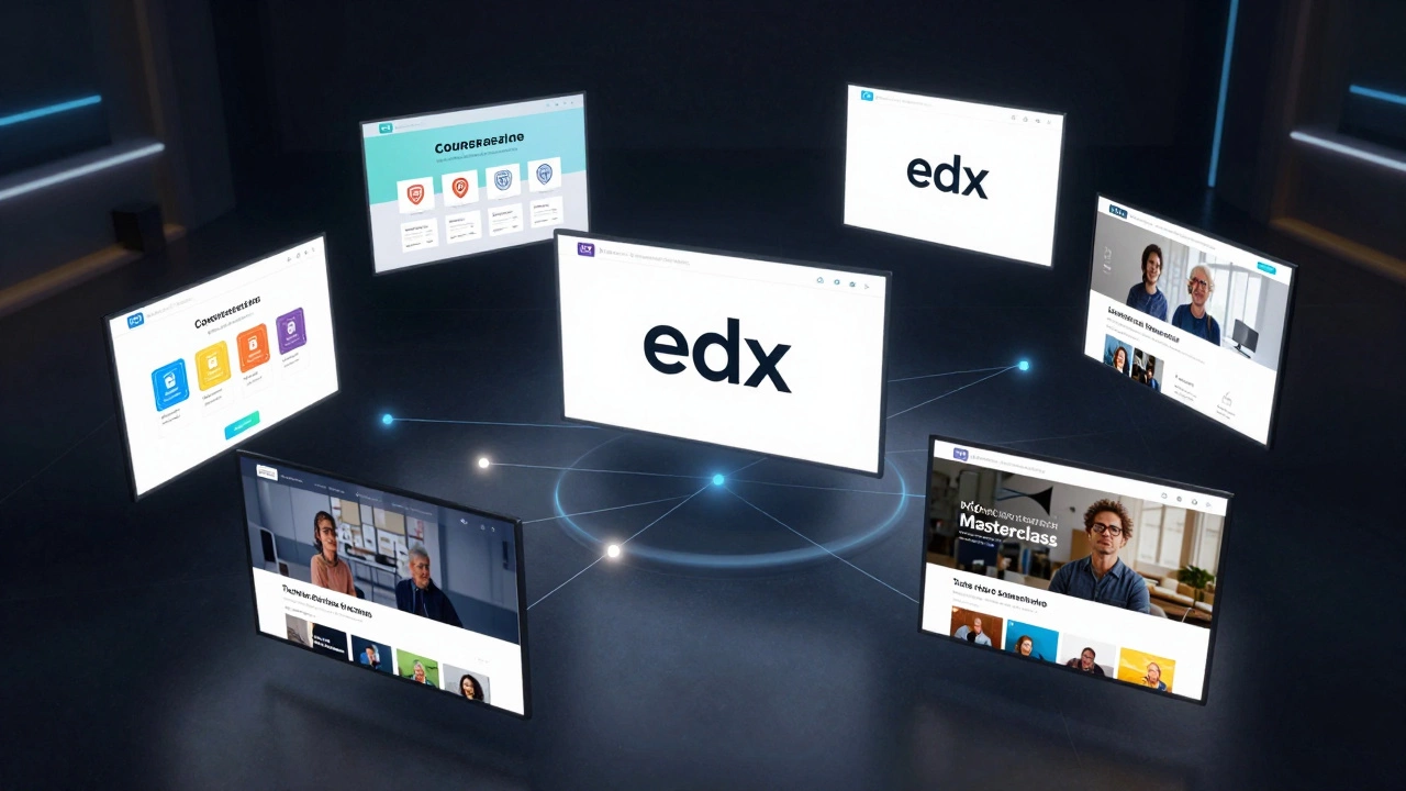 Multiple eLearning platform interfaces floating in a digital network, each with distinct branding.