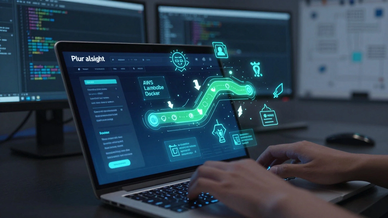 A developer’s screen showing Pluralsight’s skill assessment with technical concepts floating around the interface.