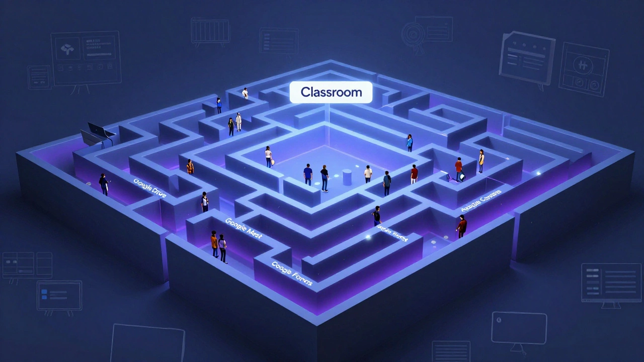 A digital labyrinth of Google education tools trapping students and teachers, with alternative platforms distant.