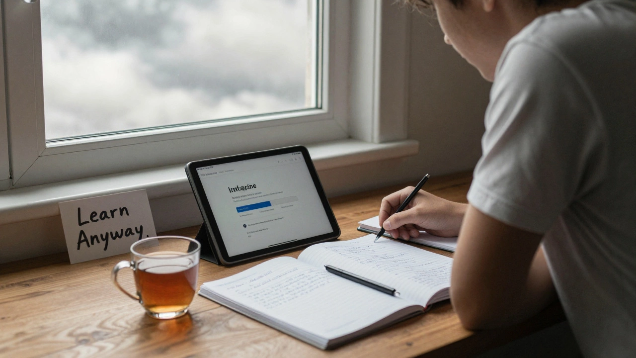 A student learning offline on Khan Academy with notebooks and tea, in a quiet room with natural light.