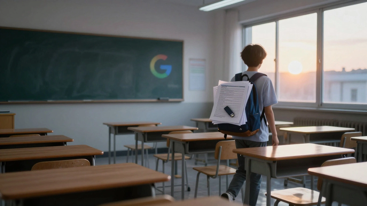 A student leaving an empty classroom carrying printed work, while a fading Google Classroom logo fades in the sunrise.