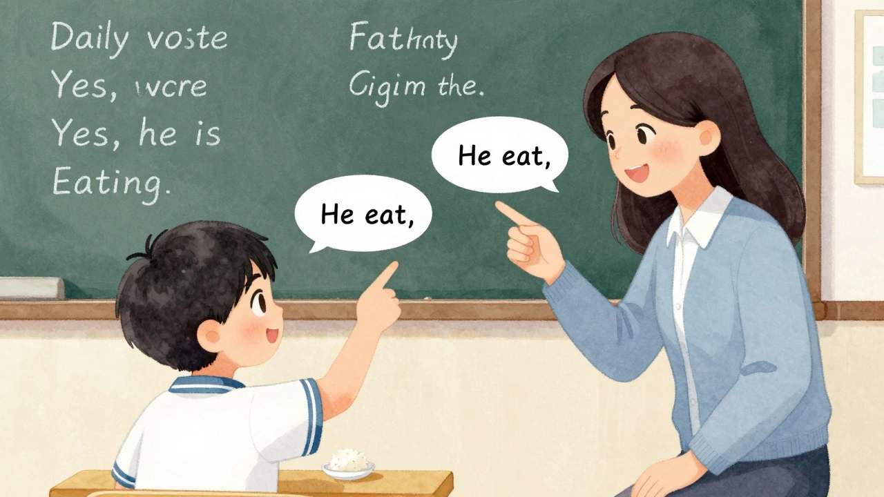 A student points to a picture of someone eating while the teacher models correct speech.