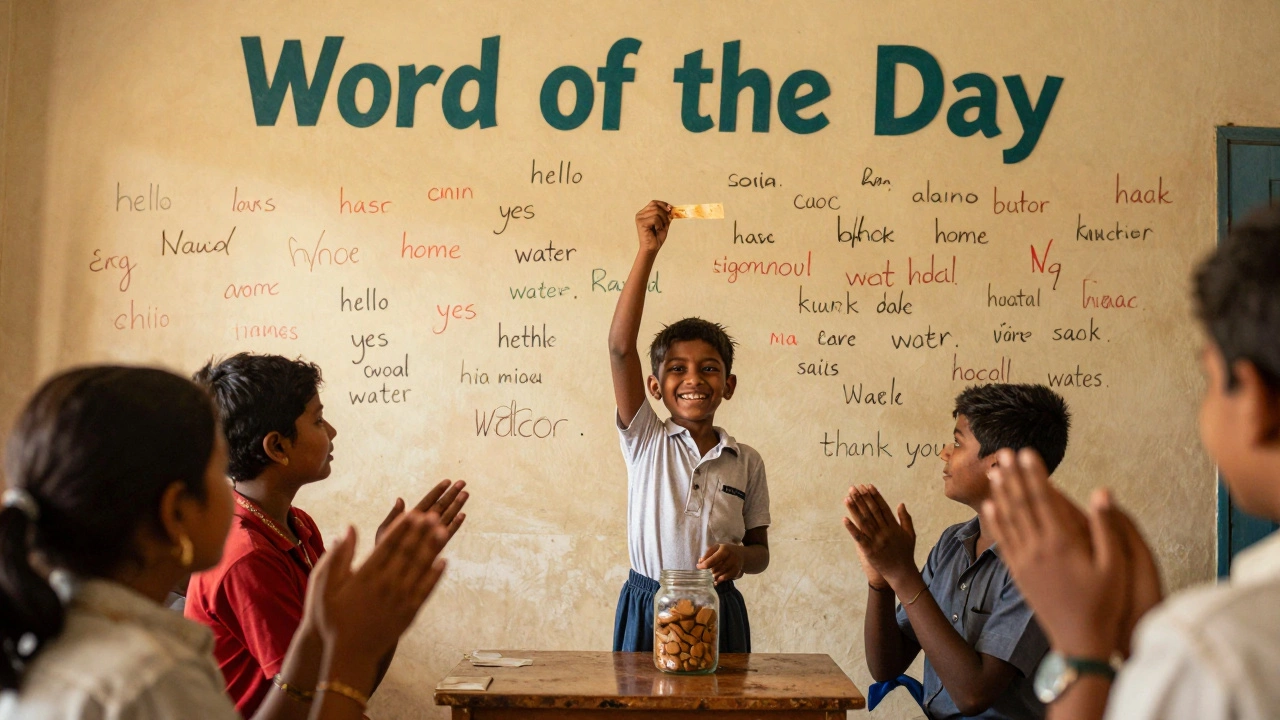 A wall covered in handwritten English words with a student holding up a 'Word of the Day' slip.