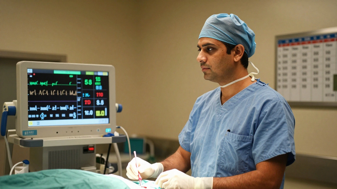 Anesthesiologist monitoring a patient's vitals during a scheduled surgery in India.