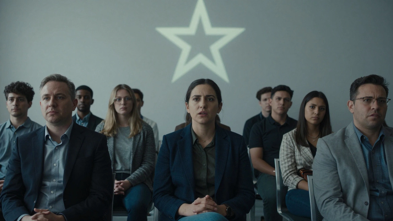 Aspiring government job applicants in a waiting room, one confidently sharing STAR story while others observe quietly.