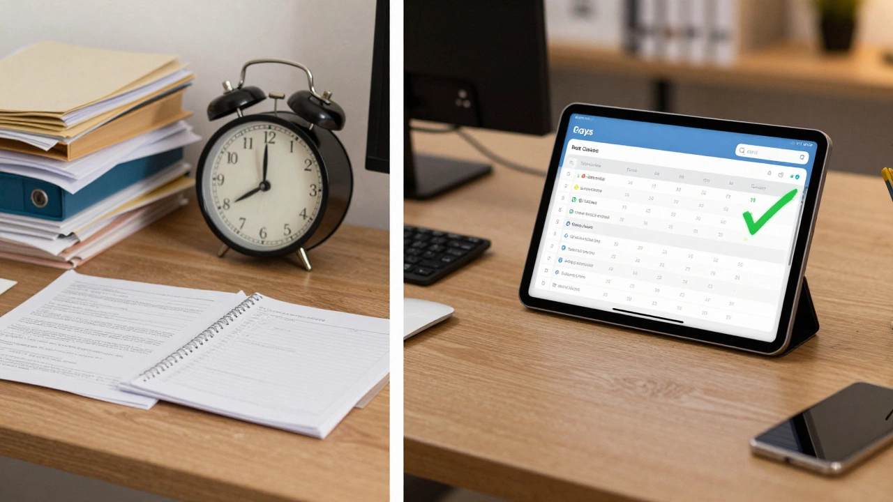 Before and after comparison of a disorganized office workflow versus an optimized digital system with reduced processing time.